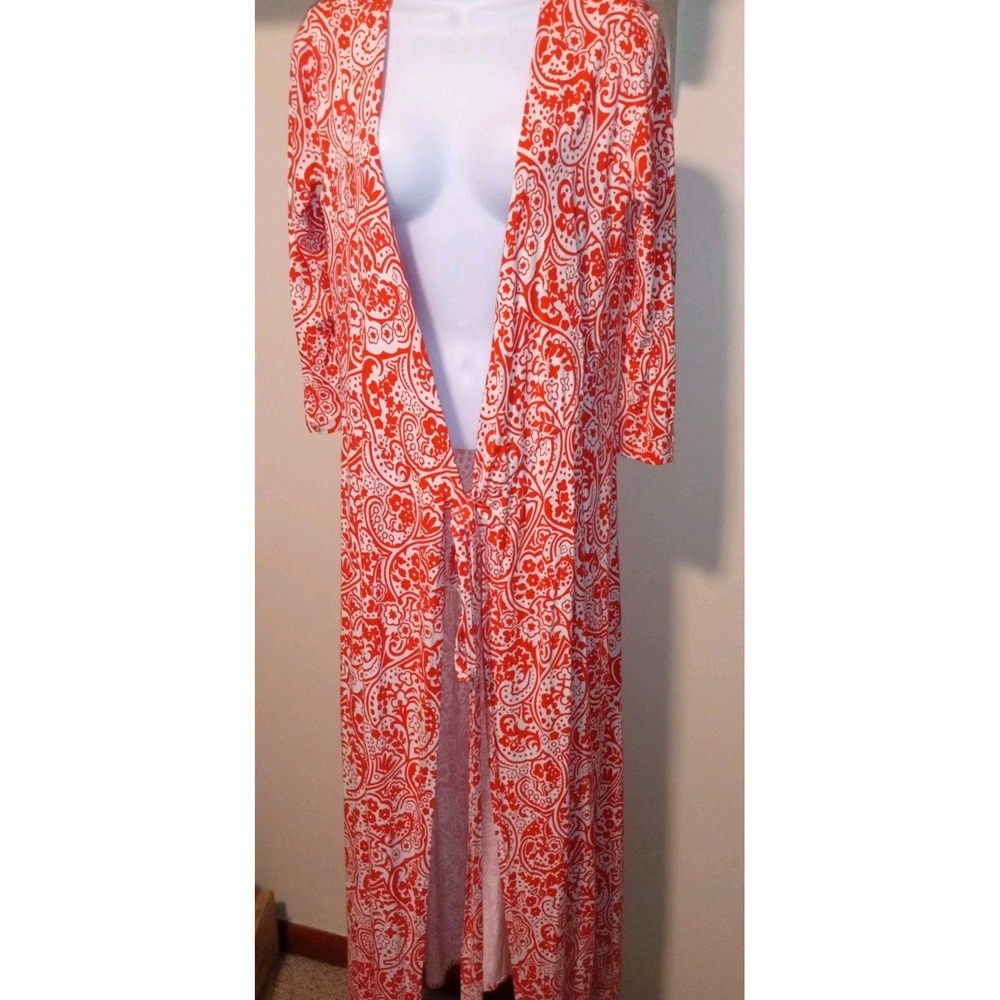 Boden Red White Paisley Duster Cardigan Robe 4P WW227 Tie Front Jersey Maxi